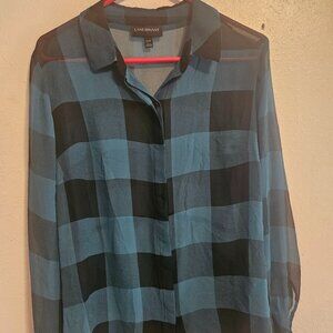 Lane Bryant Sheer Buffalo Plaid Hi-Lo Button Down Shirt Plus Size 14/16